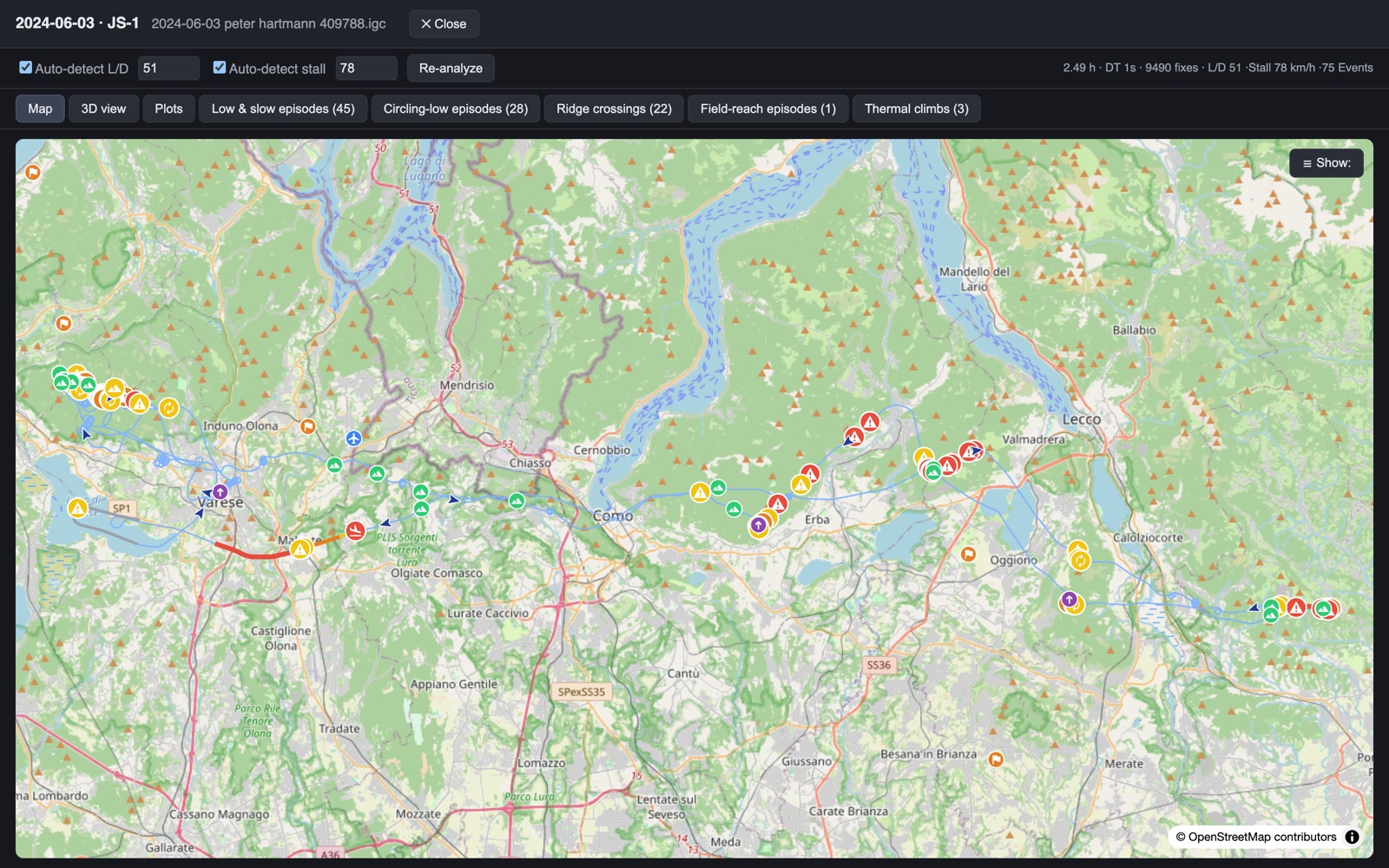 Flight map with graded event markers along an alpine flight near Varese, Como and Lecco
